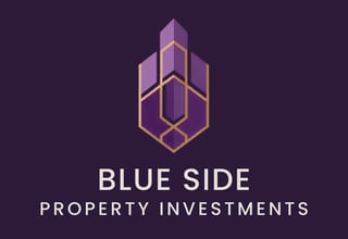 Blue Side Property Investments logo featuring a geometric purple and gold building icon on dark background